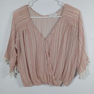 Anthropologie Lavender Field M Striped Wrap Top Tassel Sleeve Orange White Boho